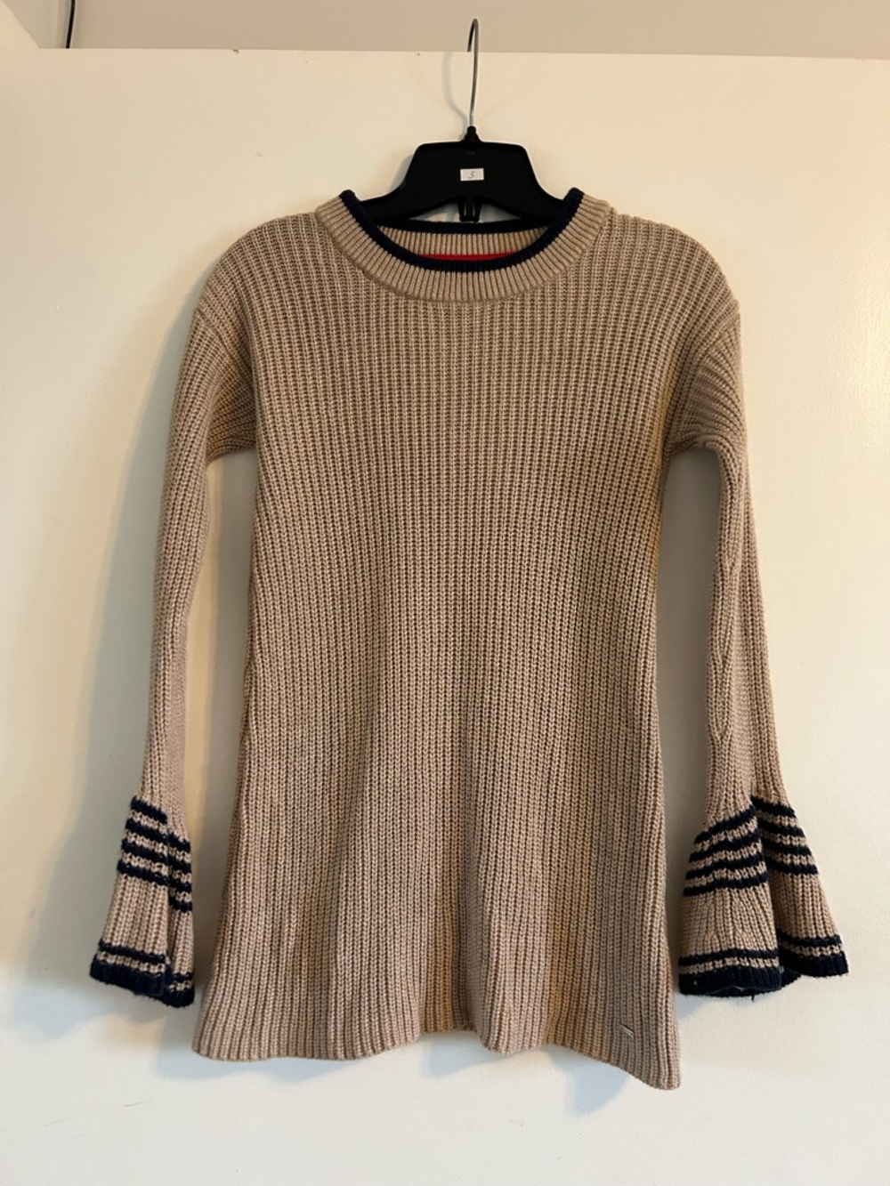Tommy Hilfiger Beige Knit Long Sleeve Dress with Navy Trim